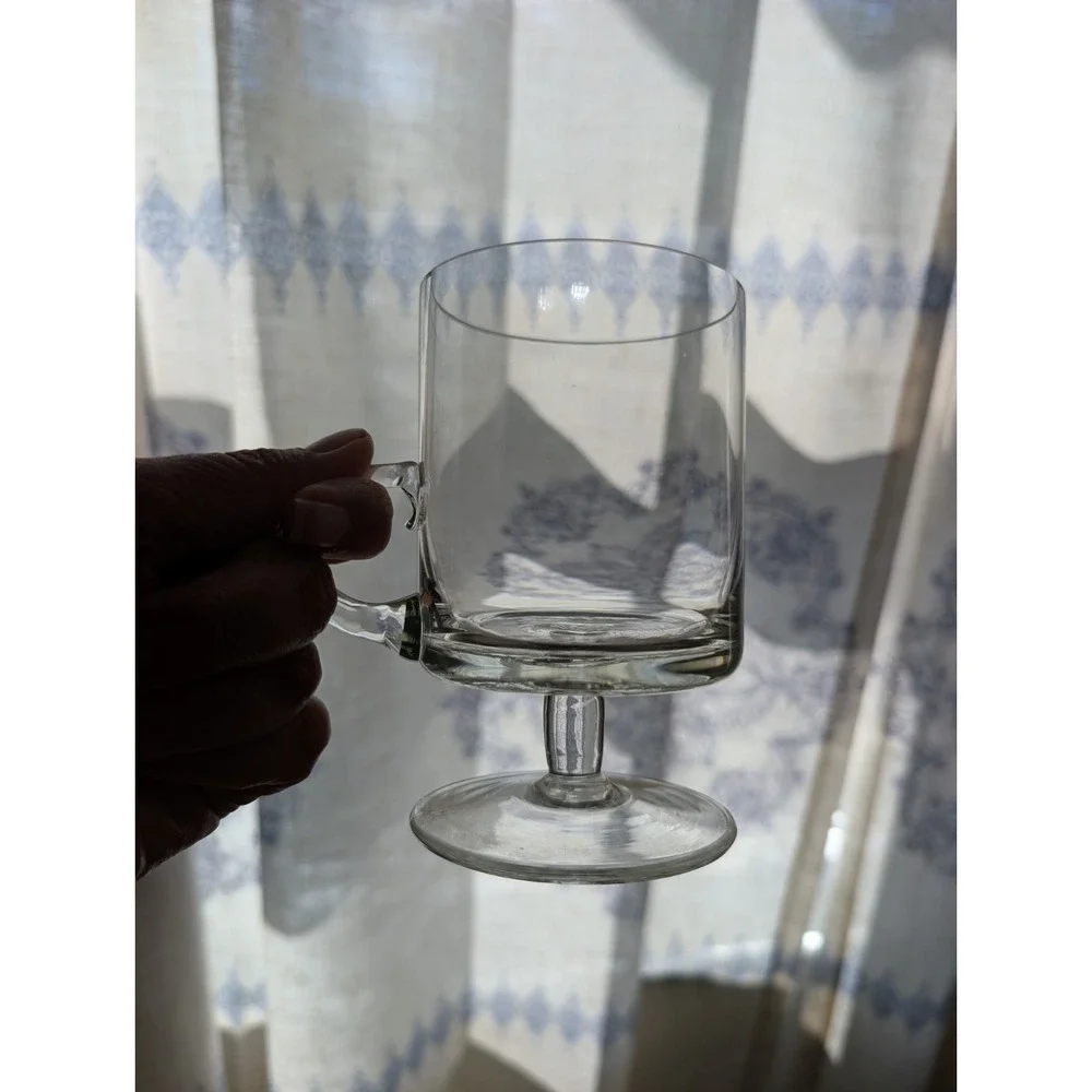 Vintage Clear Glass Footed Pedestal Coffee Mugs Cups Set of 3 Loop Handles 5